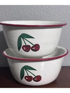 Vintage Enamel Bowls Cherries Cherry 7 X3.5 Lot of 2